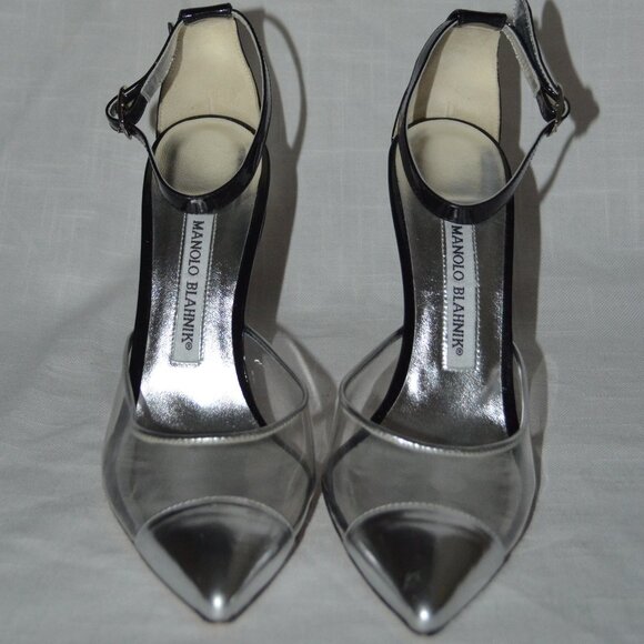 Sz 36.5 Manolo Blahnik Black Silver PCV O'Dorsay Ankle Strap 4" Pumps He… - Picture 3 of 8